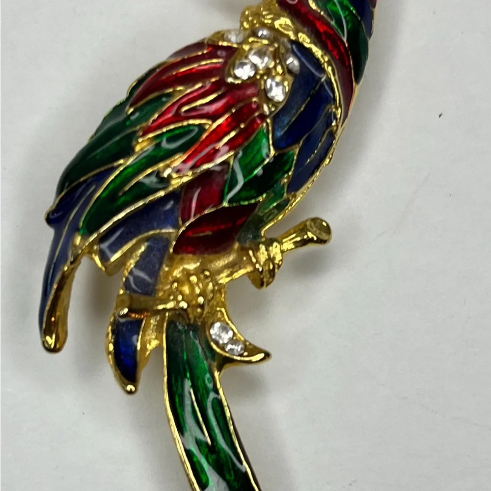 Vintage Multi Color‎ Cloisonne Enamel Rhinestone Tropical Bird Parrot Brooch Pin